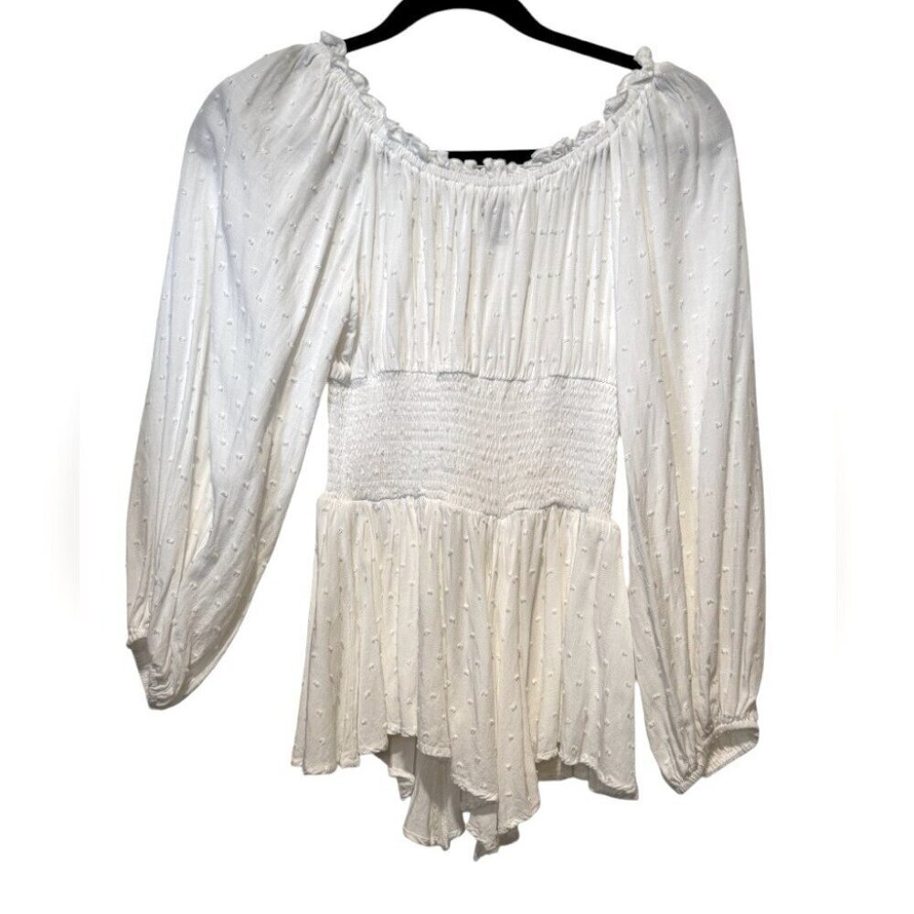 Princess Polly Off Shoulder White Smocked Peplum Balloon Sleeve Blouse Womens 4 - Picture 5 of 11